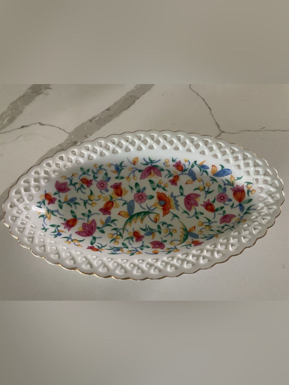 Vintage Porcelain Floral Serving Dish - Pink & Yellow Pattern